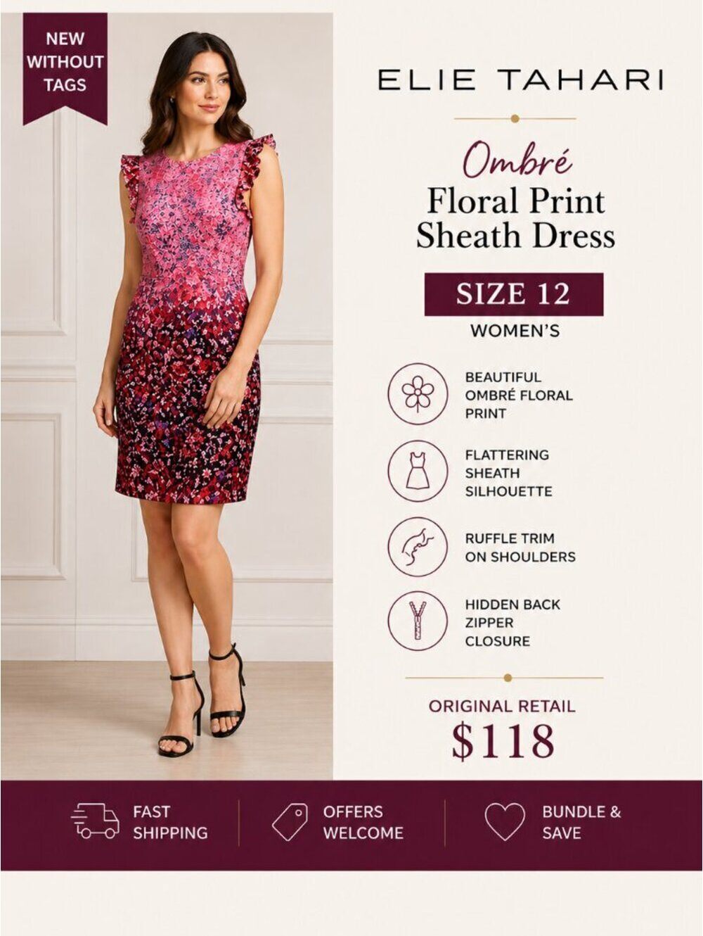 New Without Tags | Elie Tahari | Sz 12 | Ombré Floral-Print Sheath Dress